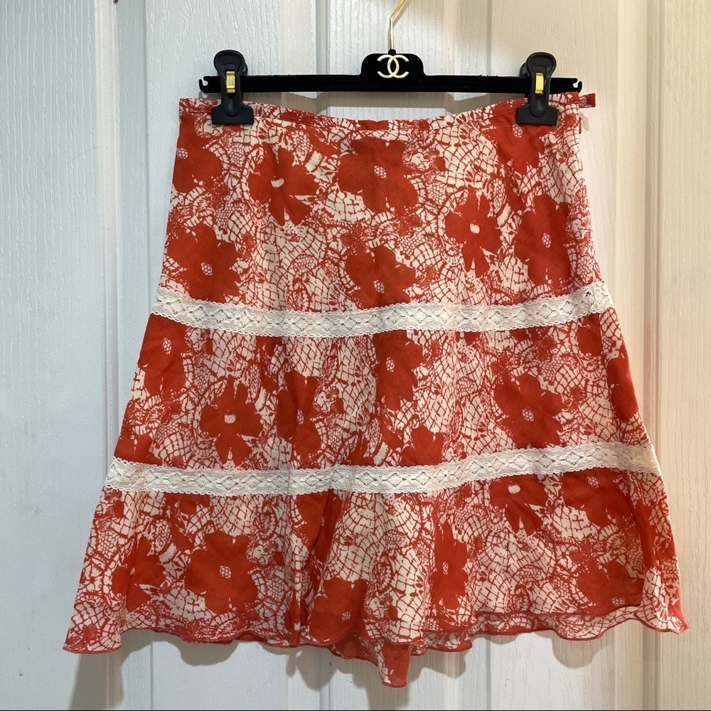 🧶 CALVIN Klein Jeans Floral Lace Tiered Skirt Size Small 4 Burnt Orange EUC